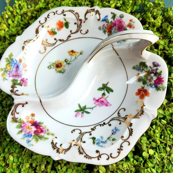 VICTORIA 50s Rare #222 Pink Roses Czech Multi Floral Relish Candy w Handle Dish - Picture 7 of 12